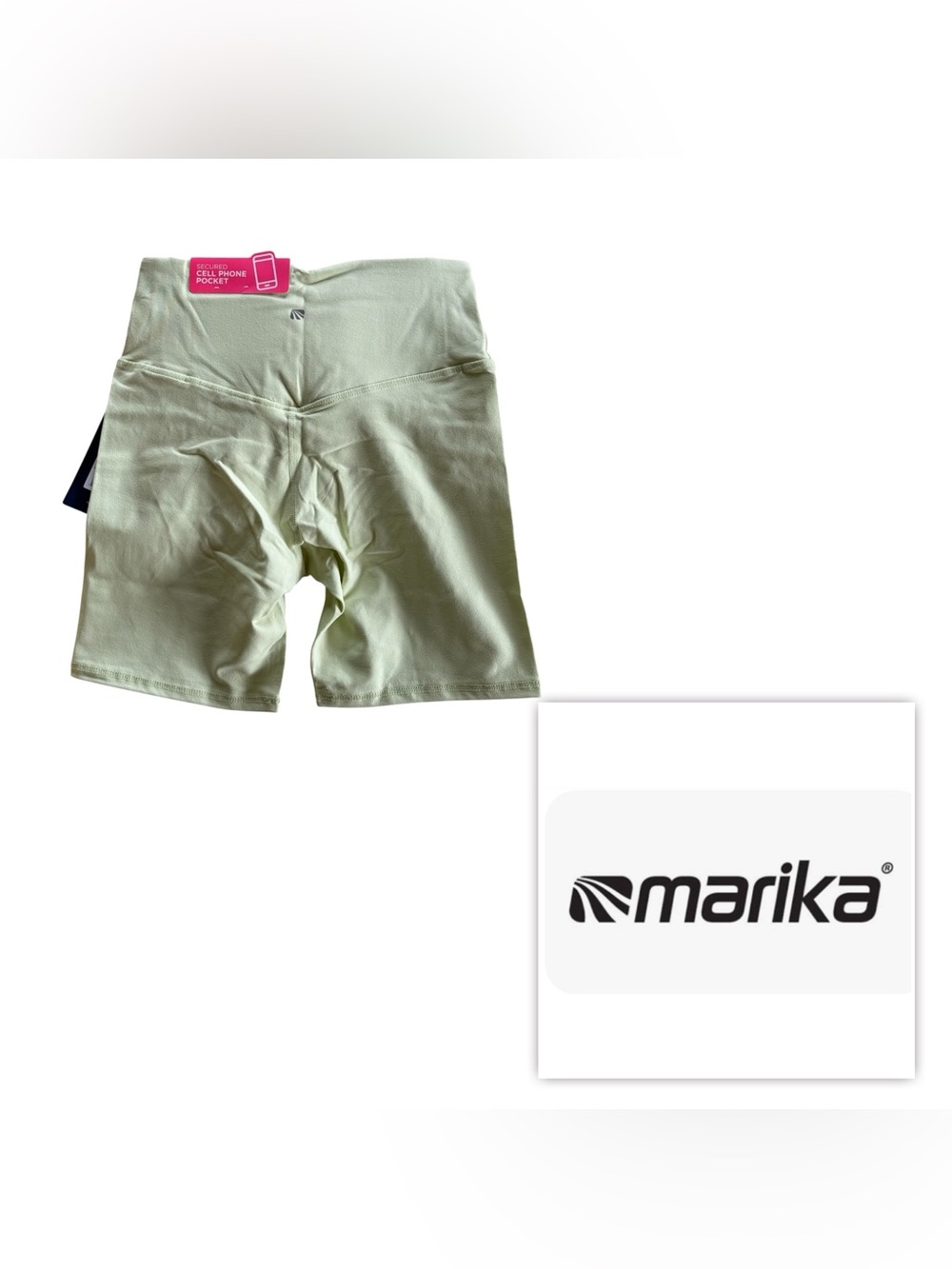 Marika Women S Pale Green Athletic 7”  Bike Shorts Phone Pocket High Rise Yoga